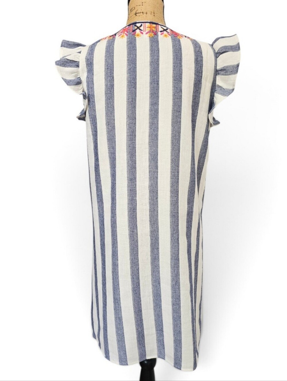 THML Boho Embroidered Floral Blue & White Striped Flutter-Sleeve Shift Dress, M - Picture 5 of 7